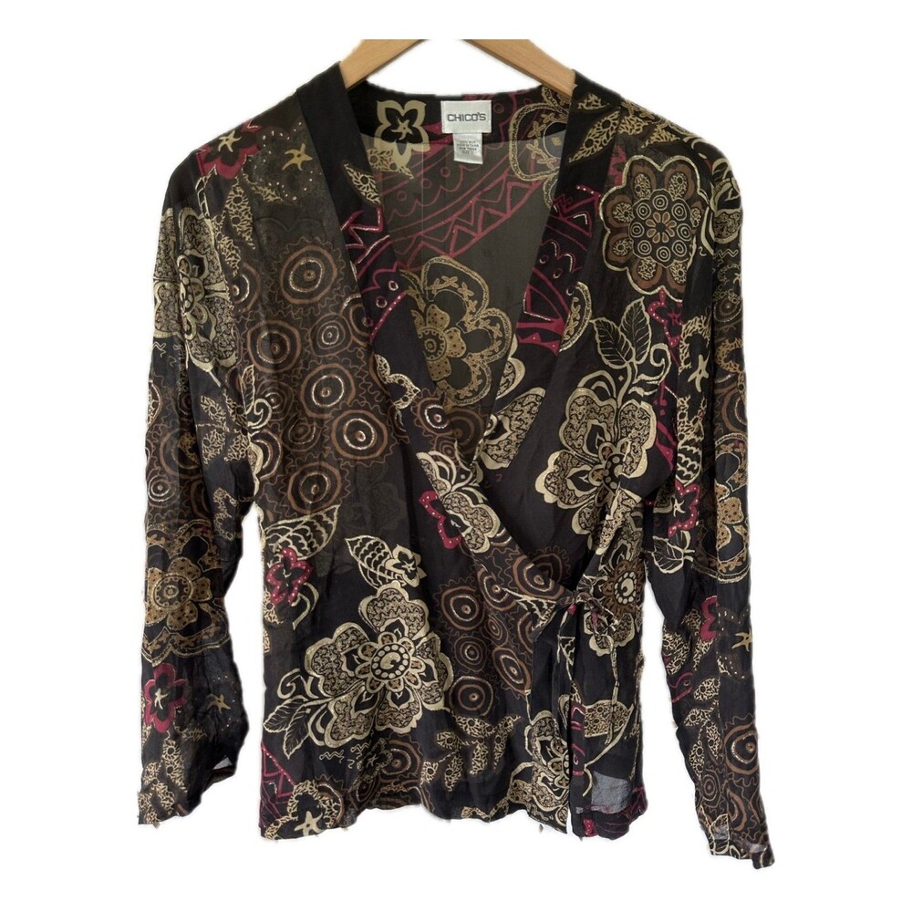 Chico's 100% Silk Floral Glitter Accent Wrap Side Tie Short Kimono Cardigan M
